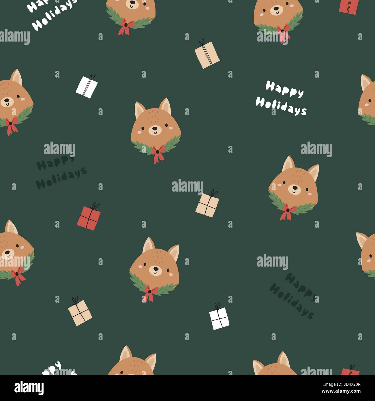 Entzückendes, Handgezeichnetes Fuchs-Wiederholungsmuster. Festliche frohe Weihnachtsmotive für Kinder Stoff, Geschenkpapier und Textilien. Stockfoto