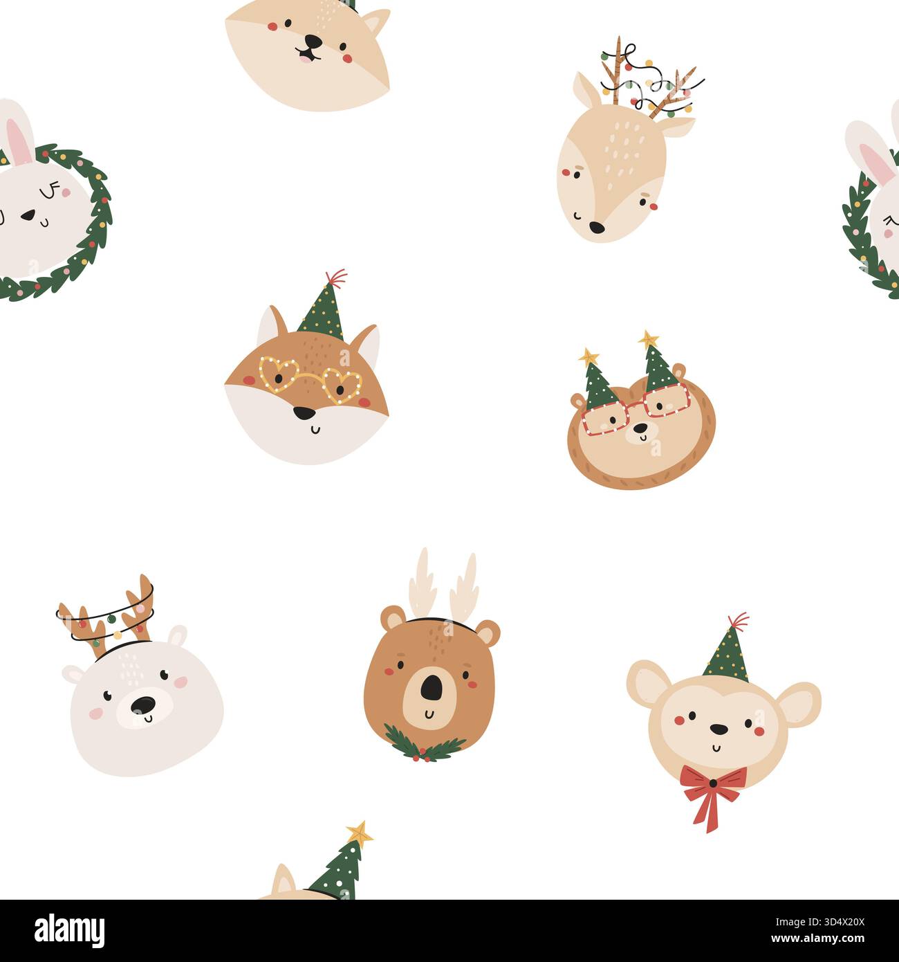 Niedliches Weihnachtstier Köpfe Nahtloses Muster. Festliches Hirsch, Kaninchen, Eisbär, Fuchs, Wolf auf weißem Hintergrund. Stockfoto