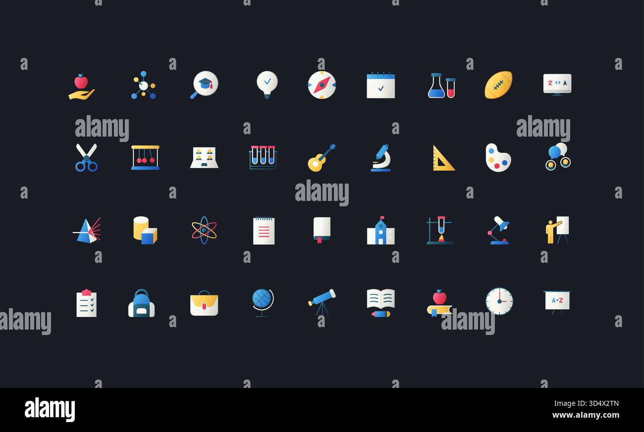 Symbole im flachen Farbverlauf mit Wissenschaft, Lernen, Schule, Labor, Kunst, Mathematik und akademische Elemente auf dunkler UI-Hintergrund-Vektorillustration. Stock Vektor