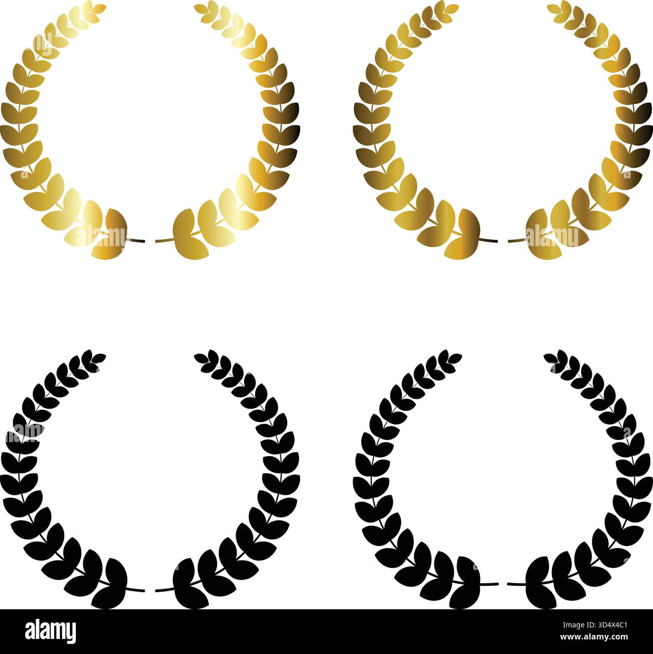 Eine Sammlung von vier Vektorsymbolen für Lorbeerkranz auf weißem Hintergrund. Mit goldenen Farbverlauf und einfarbigen schwarzen Silhouetten Stock Vektor