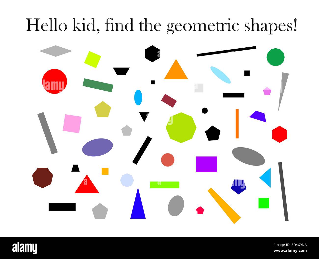 Helle und verspielte Grafik mit farbenfrohen geometrischen Formen, die Kindern helfen, grundlegende Formen auf unterhaltsame und ansprechende Weise zu lernen und zu erkennen. Stockfoto