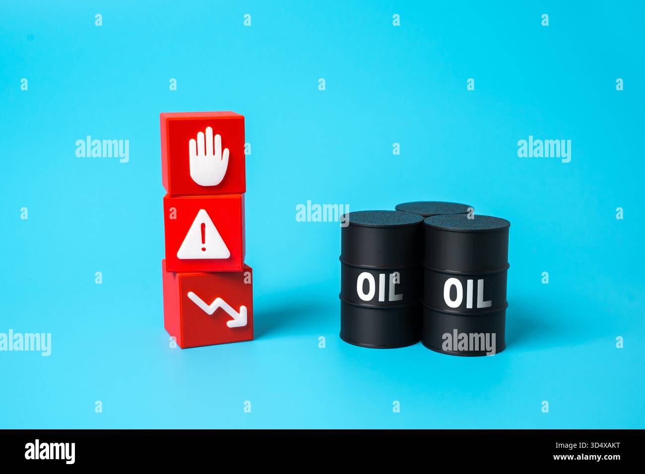 Schlechte Faktoren und Öl. Sinkende Öleinnahmen, niedrige Rohölpreise, politische Instabilität, Auswirkungen auf Sanktionen, Wirtschaftsembargo, schwache Technologie, instabiler Energiemarkt Stockfoto