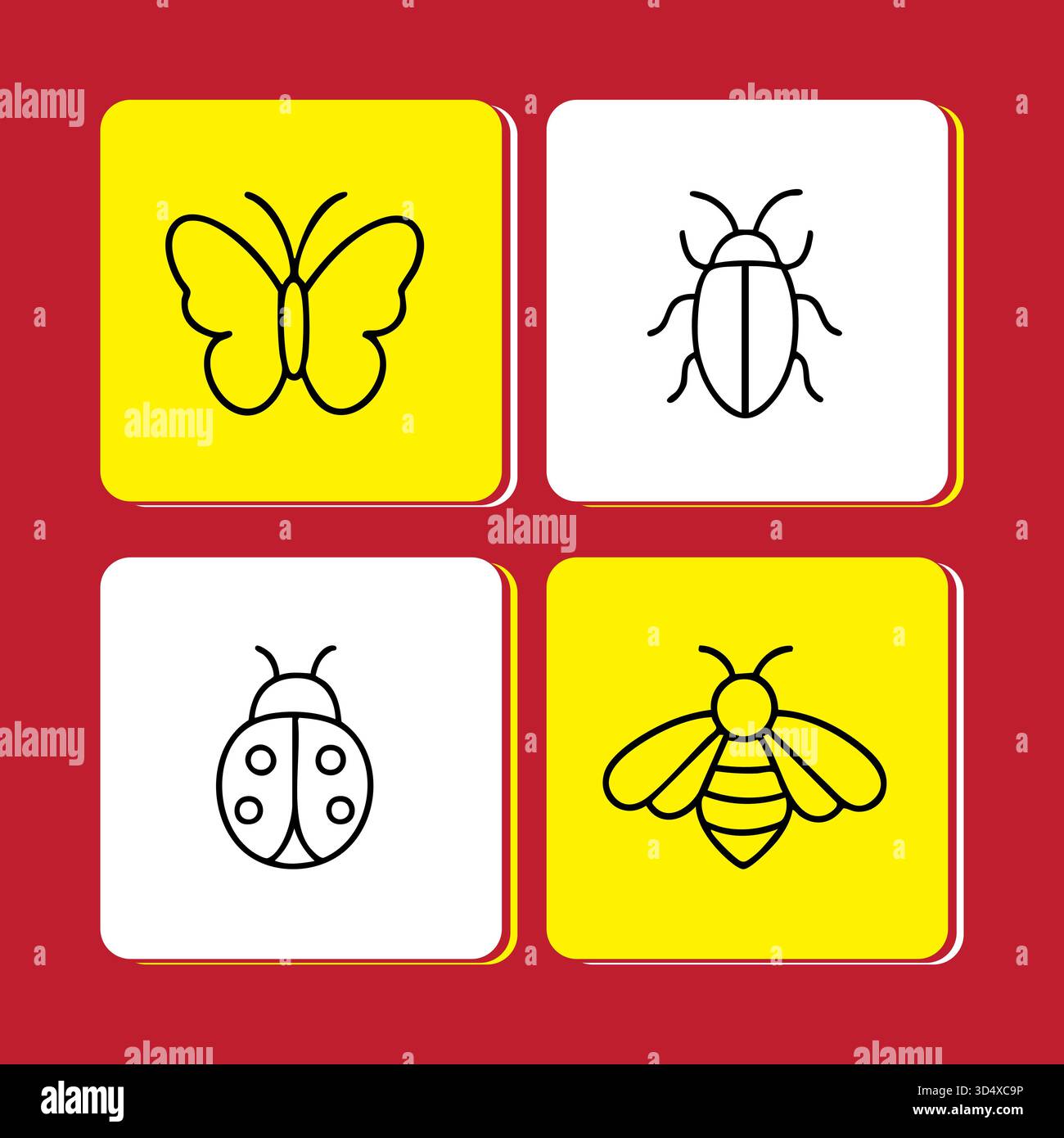 Symbol Set von Insekten Schmetterling Käfer Marienkäfer und Biene Stock Vektor