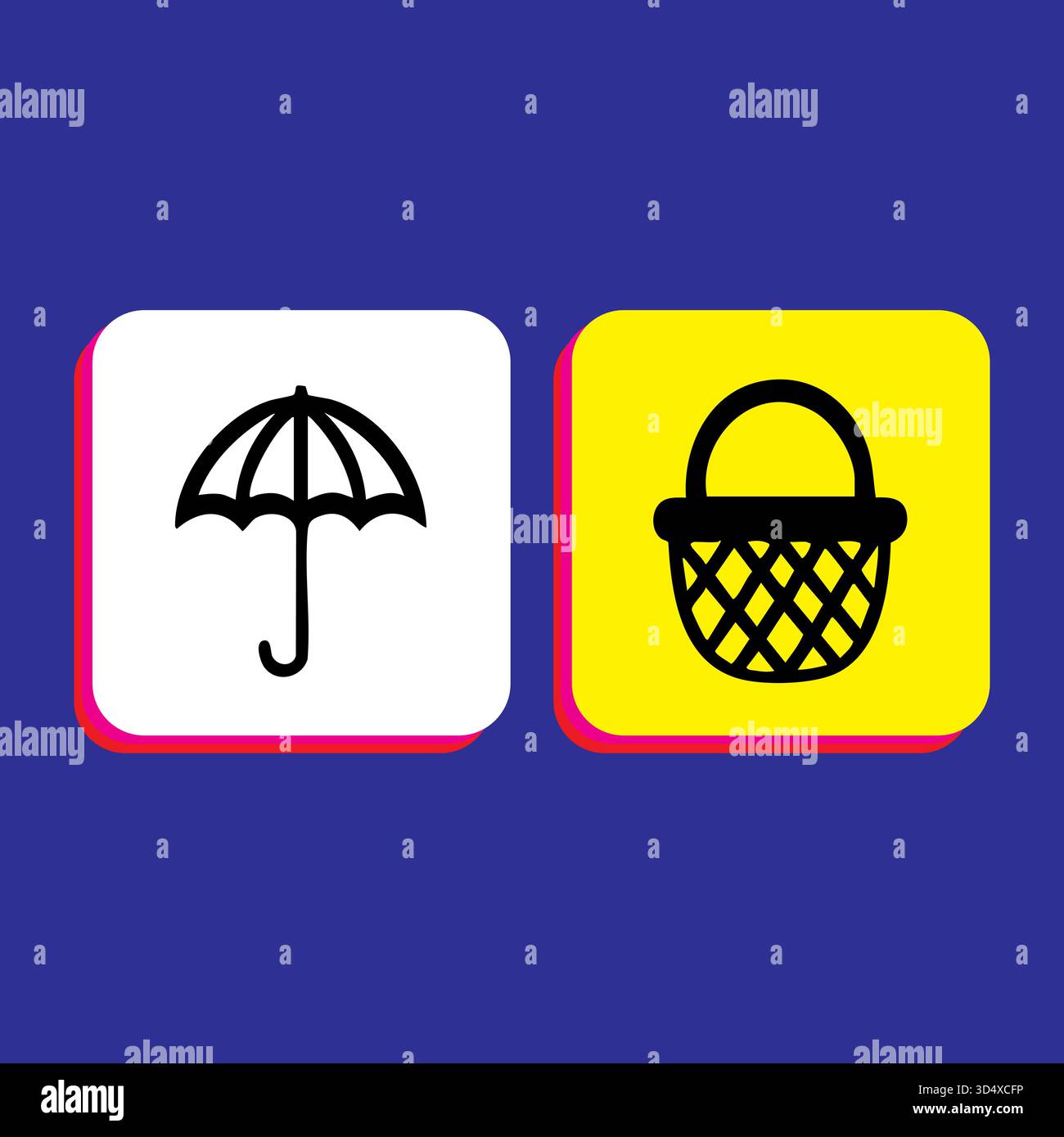 Wetterschutz und Einkaufskonzept mit Regenschirm- und Korbsymbolen Stock Vektor