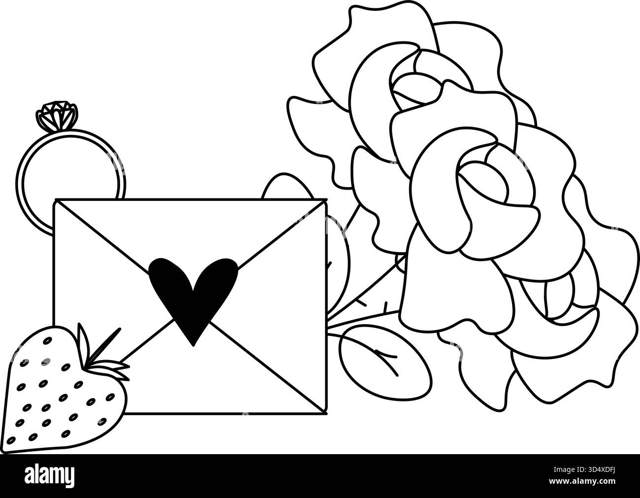 Herzbuchstabe mit Ring, Rosen, Erdbeer-Valentinstag-Komposition. Vektorgrafik-Strichdarstellung. Banner, Poster, Geschenkpapier, Aufkleber, Druckpapier Stock Vektor