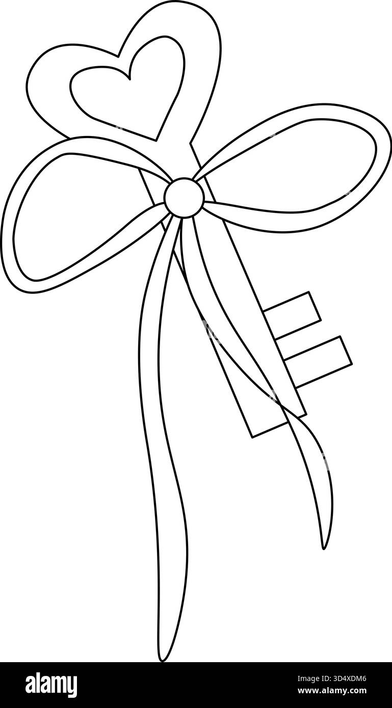 Herzschlüssel mit Schleife zum Valentinstag. Vektorgrafik-Strichdarstellung. Banner, Poster, Geschenkpapier, Aufkleber, Druck, modernes Textildesign Stock Vektor
