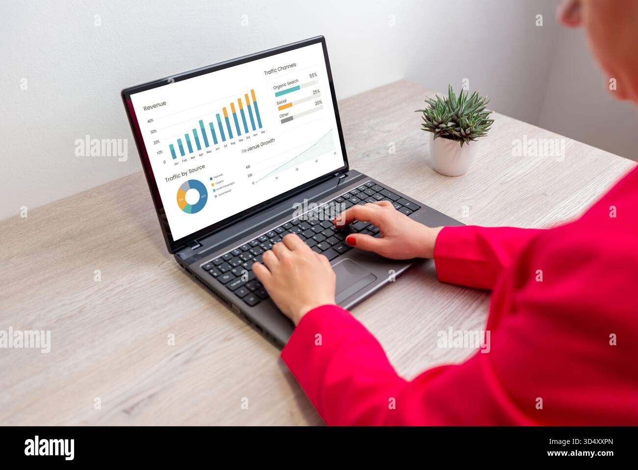 Frau, die an einem Laptop arbeitet, analysiert FinanzDashboard mit Diagrammen und Diagrammen, Konzept der Datenanalyse, Leistungsverfolgung und Business Intelligence Stockfoto