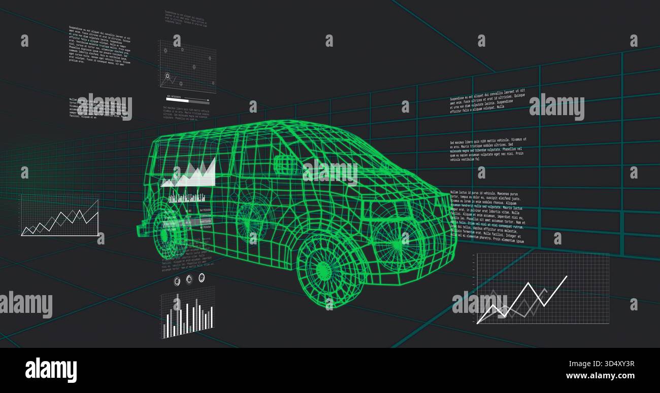 Zeigt einen kompakten Transporter mit Drahtrahmen im Designstudio, mit Gitterboden und HUD-Panels Stockfoto