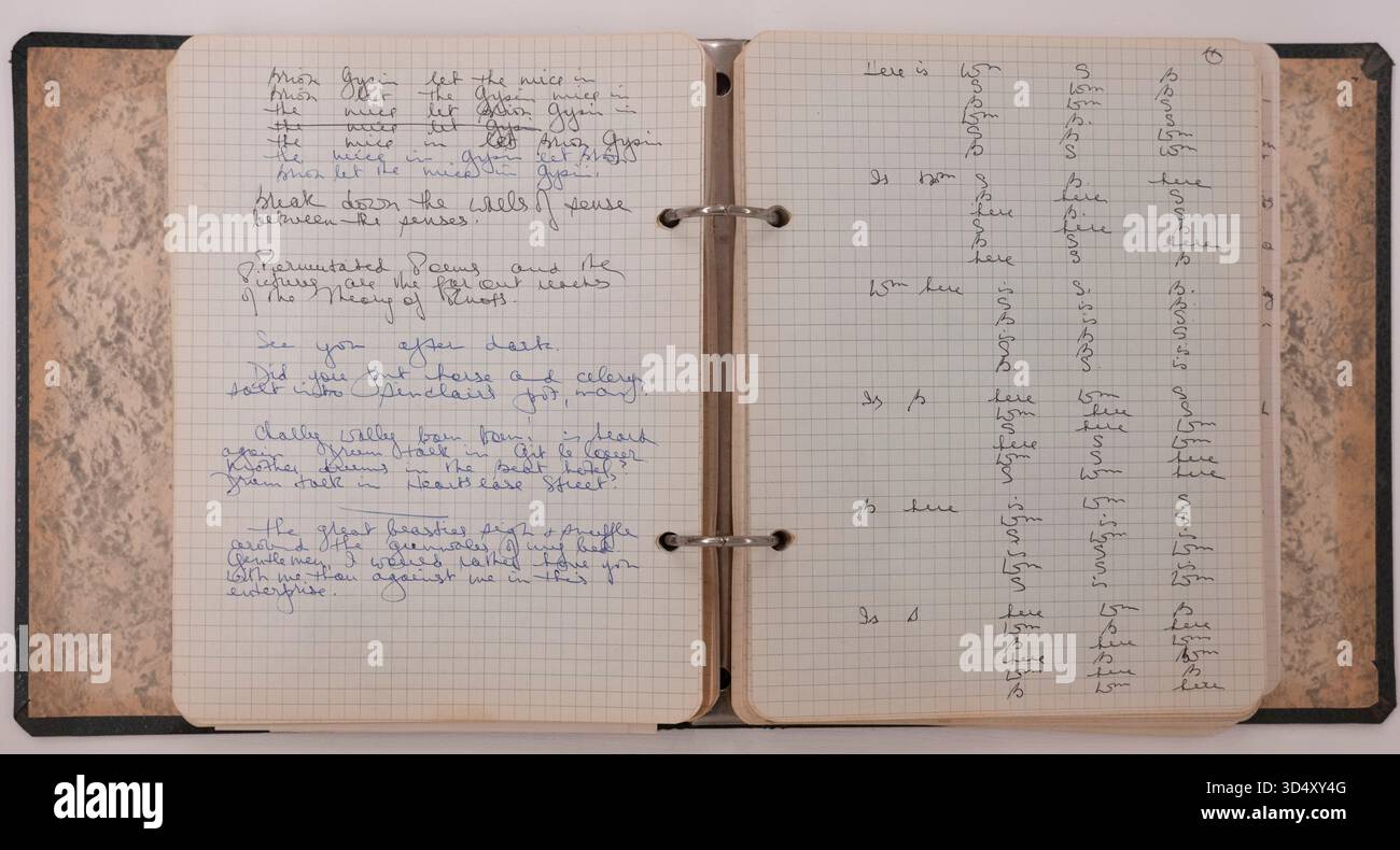 Shapero Rare Books, New Bond Street, London, Großbritannien. November 2025. Die Hilary Gerrard Collection of Burroughs and the Long Sixties ist bei Shapero Rare Books erhältlich. Gedruckte Ephemere der Zeit (1955-75) ist selten und diese große Sammlung, die von Hilary Gerard (1933-2023), Beatle Ringo Starrs Finanzberater und Geschäftsleiter von den 70er Jahren bis 2015, zusammengestellt wurde, ist eine der besten und wird für eine siebenstellige Summe angeboten. Bild: Brion Gysins Manuskript-Notizbuch, das die entscheidende Zeit zwischen 1958 und 1961 beschreibt, als er zusammen mit William Burroughs im Beat-Hotel lebte und seine Cut-up-Te entwickelte Stockfoto