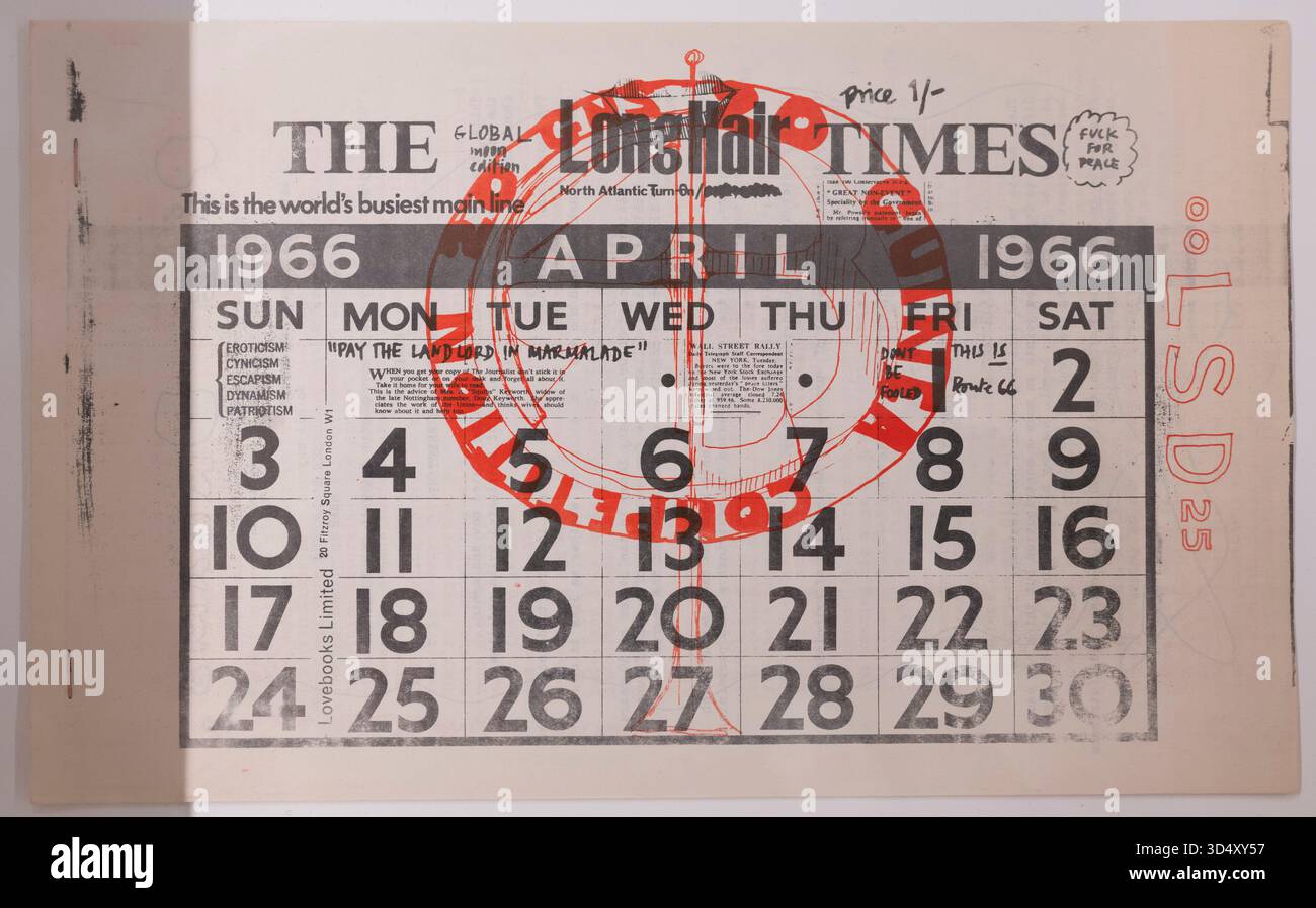 Shapero Rare Books, New Bond Street, London, Großbritannien. November 2025. Die Hilary Gerrard Collection of Burroughs and the Long Sixties ist bei Shapero Rare Books erhältlich. Gedruckte Ephemere der Zeit (1955-75) ist selten und diese große Sammlung, die von Hilary Gerard (1933-2023), Beatle Ringo Starrs Finanzberater und Geschäftsleiter von den 70er Jahren bis 2015, zusammengestellt wurde, ist eine der besten und wird für eine siebenstellige Summe angeboten. Bild: The Global Moon Edition Long Hair Times war der Vorläufer der International Times, der hauptsächlich von der New Yorker Underground-Zeitung The East Village Othe inspiriert wurde Stockfoto