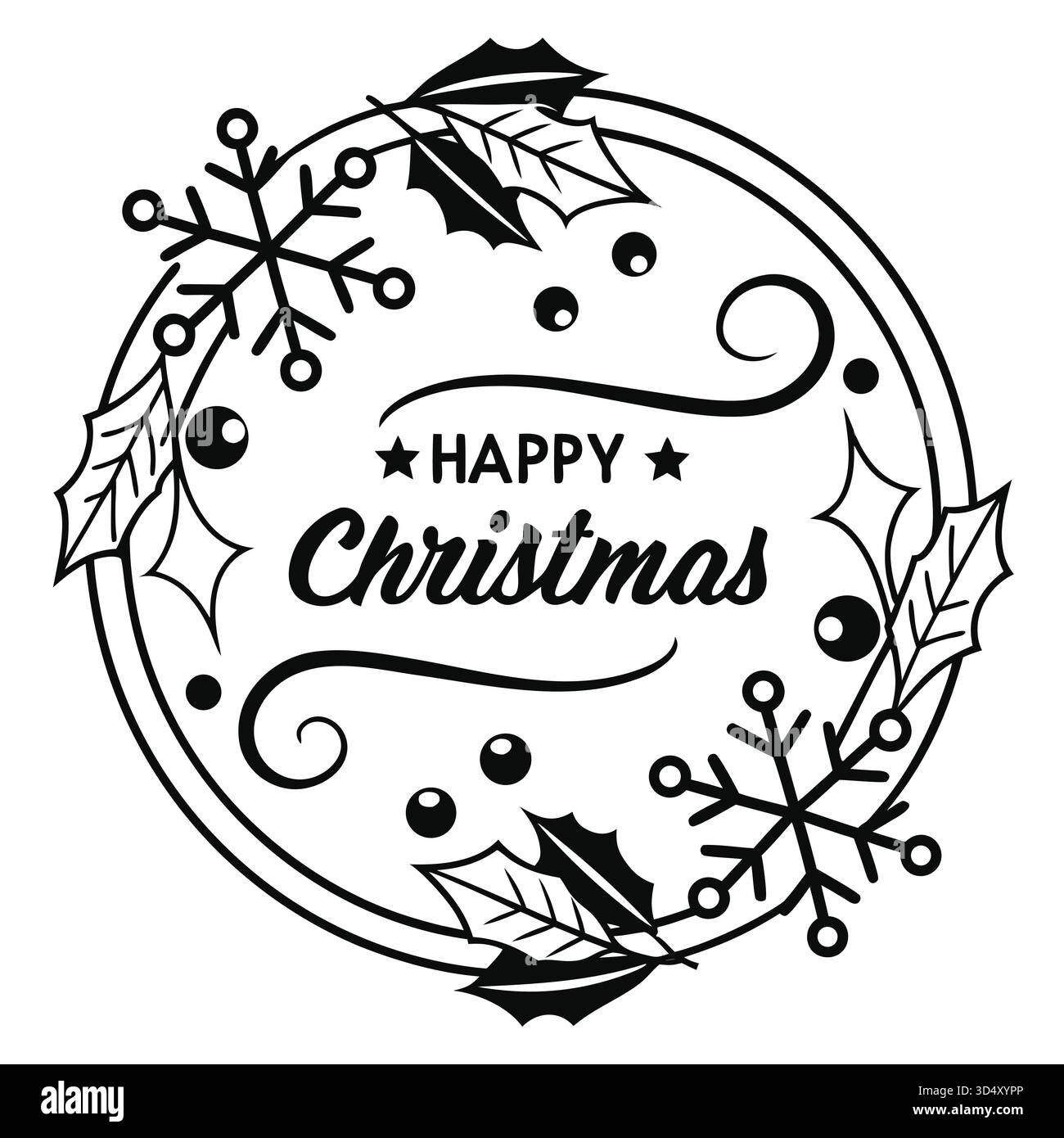 Elegantes schwarz-weißes „Happy Christmas“-Typografie-Emblem mit Schneeflocke und stechpalme-Symbolen – perfekt für Social-Media-Posts, Karten, Aufkleber und br Stock Vektor