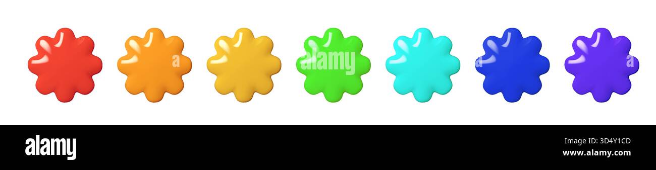 3D-Blütenformen mit glänzenden Farbverläufen und Y2K-Ästhetik. Leuchtende 3D-Blumen und hochglänzende Ballonelemente in Regenbogenfarben. Niedliches Vektordesign mit Stock Vektor