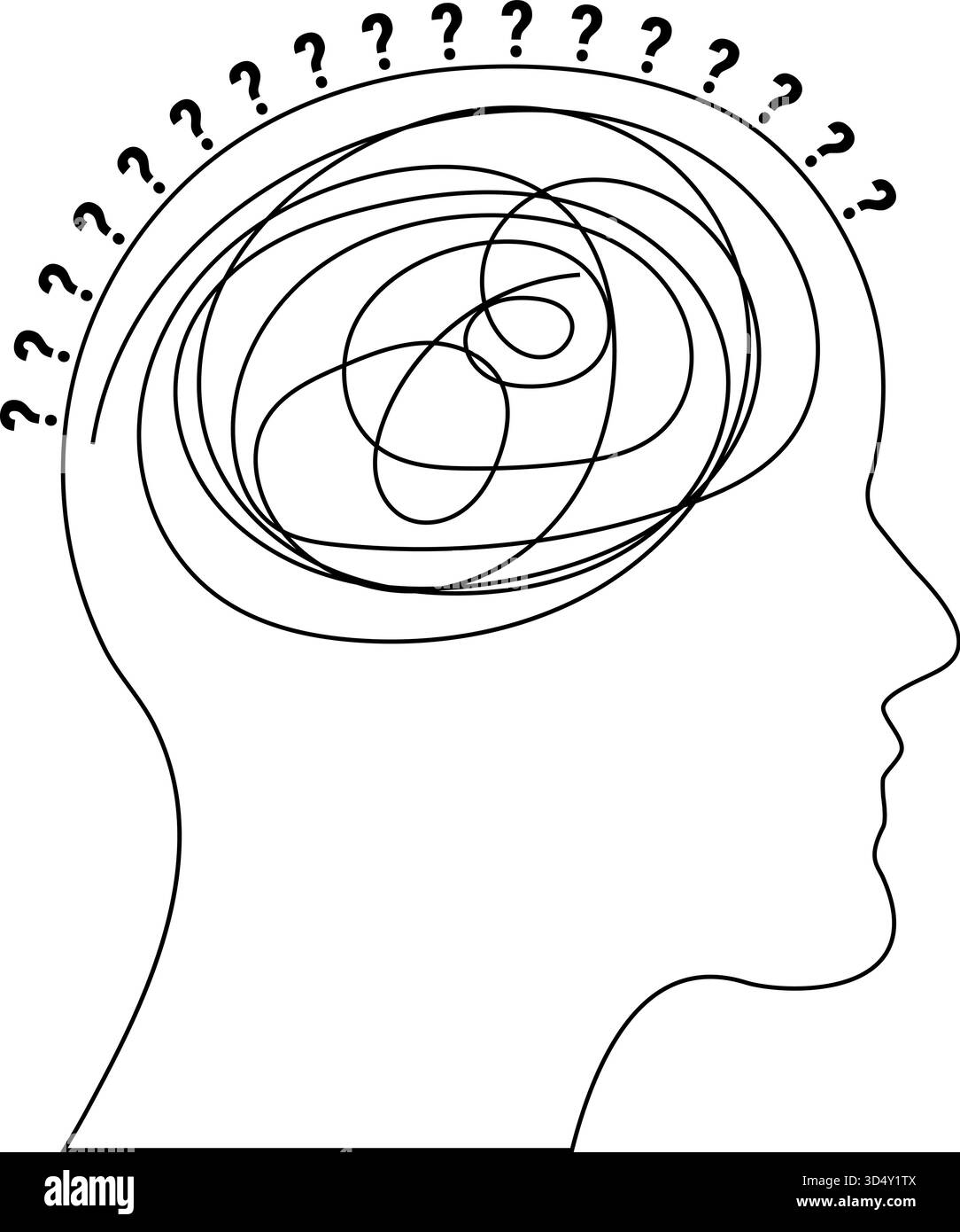 Ein minimalistischer Umrissvektor eines menschlichen Kopfes mit einem unordentlichen gekritzelten Gehirn und umliegenden Fragezeichen symbolisiert Verwirrung Stress und den Komplex Stock Vektor
