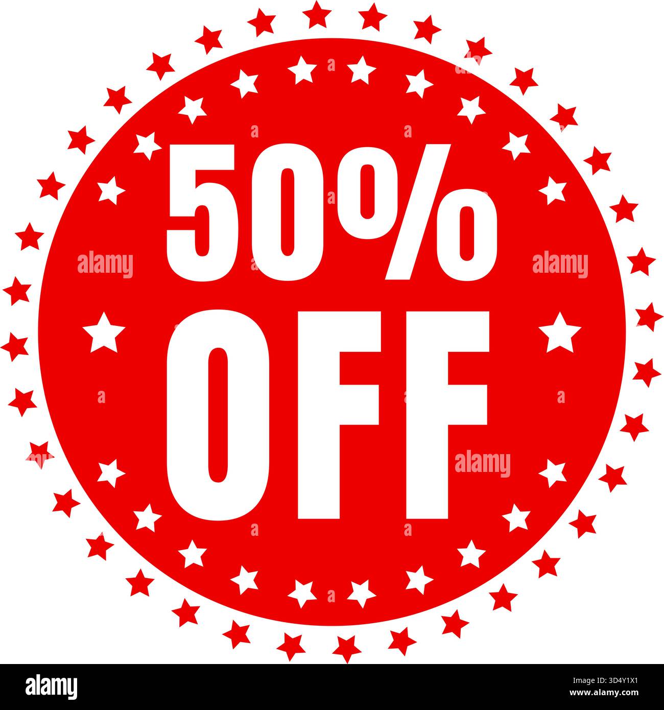 Fettes rotes, kreisförmiges Rabattabzeichen mit 50 % Rabatt auf Text in der Mitte und dekorativen Sternen um die Grenze, ideal für Verkaufsförderung im Einzelhandel Stock Vektor