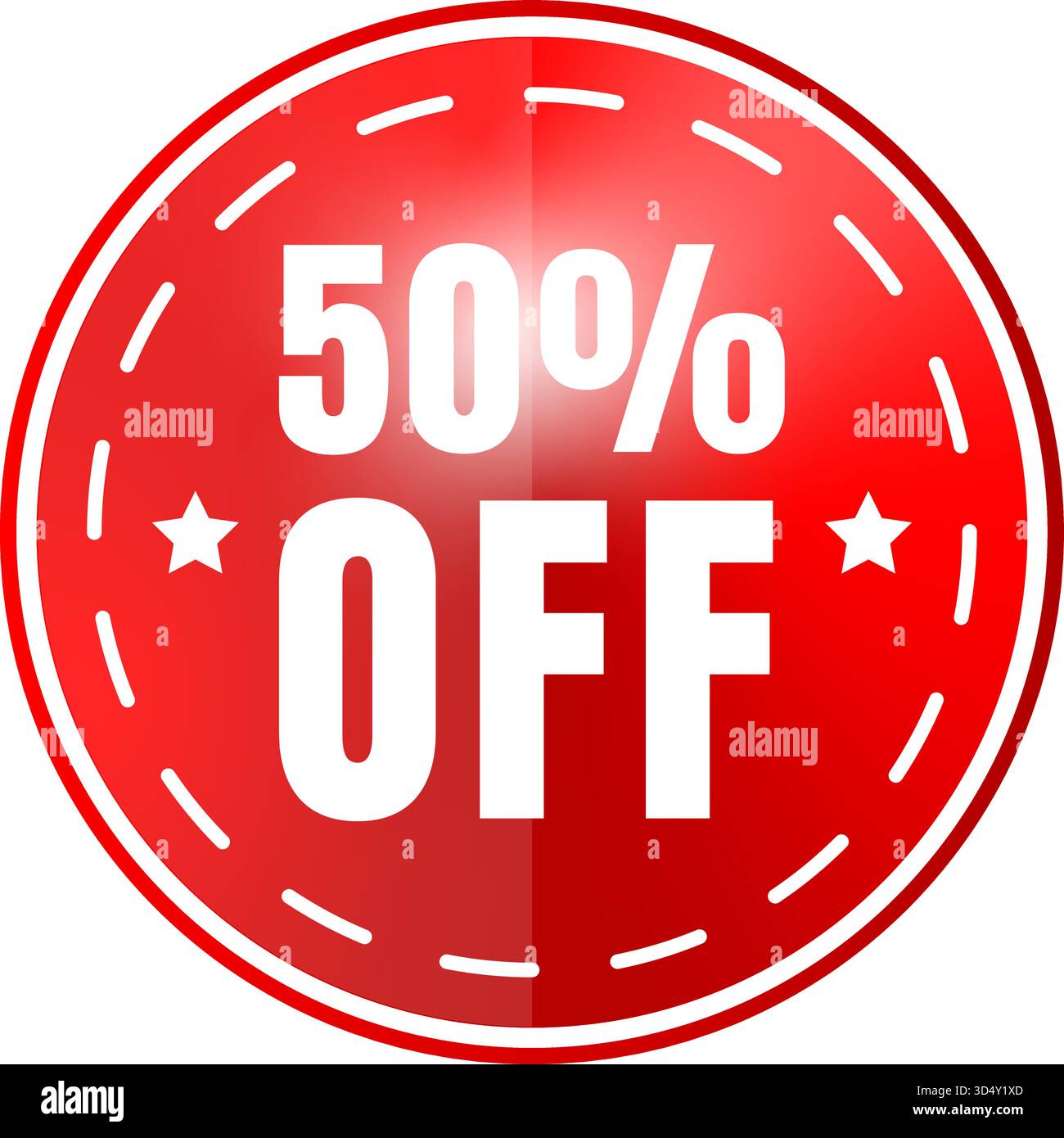 Rotes, kreisförmiges Abzeichen mit 50% AUS in fettgedrucktem, weißem Text. Ideal für Werbeaktionen Rabatte Sonderangebote Flash-Angebote E-Commerce Banner und Feiertage Stock Vektor