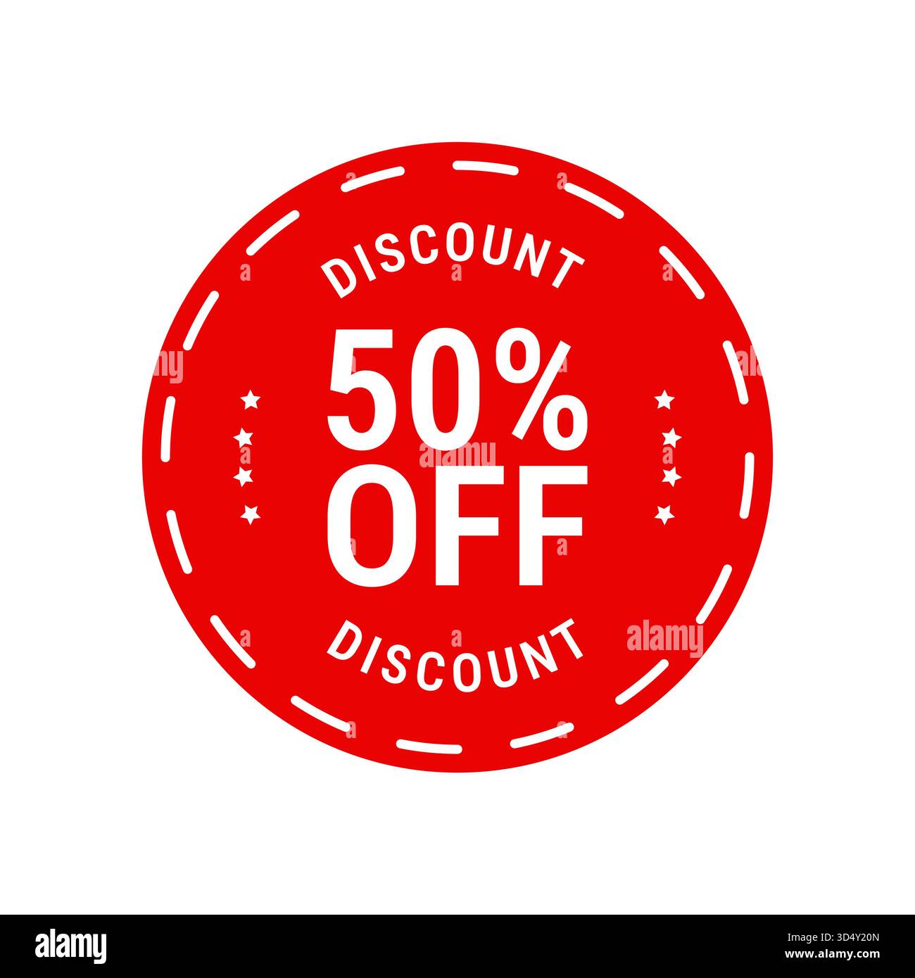 Rotes, runder Nachlass-Aufkleber mit fettgedrucktem 50 % Rabatt und gestricheltem Rand, ideal für Werbebanner für Sonderangebote Stock Vektor
