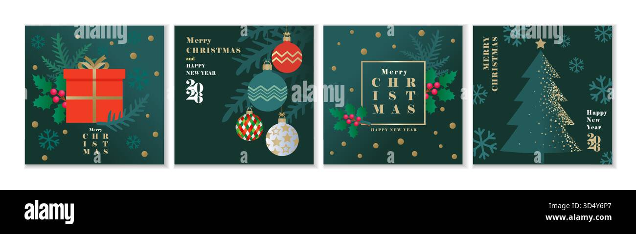 Happy Holidays and Merry Christmas Grußkarten-Set. Weihnachtsgeschenk, stechpalmenbeere und weihnachtsbaum. Happy New Year 2026, trendiges Vektordesign Stock Vektor