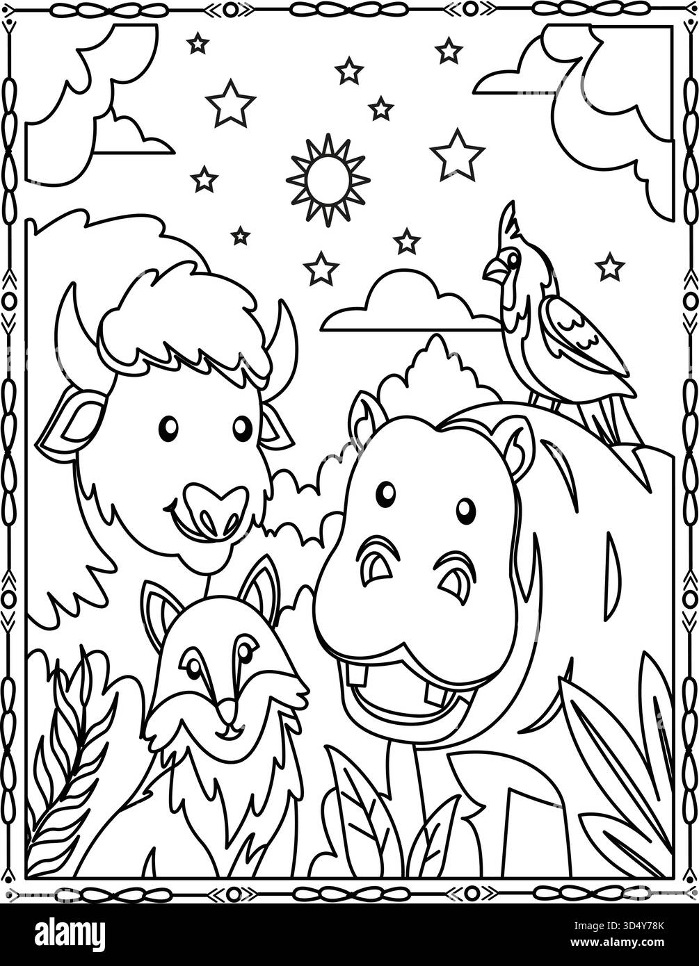 Niedliche Wildtiere Malseite für Kinder und Erwachsene. Nilpferde, Fuchs, Vogel und Büffel in einer Naturszene. Stock Vektor
