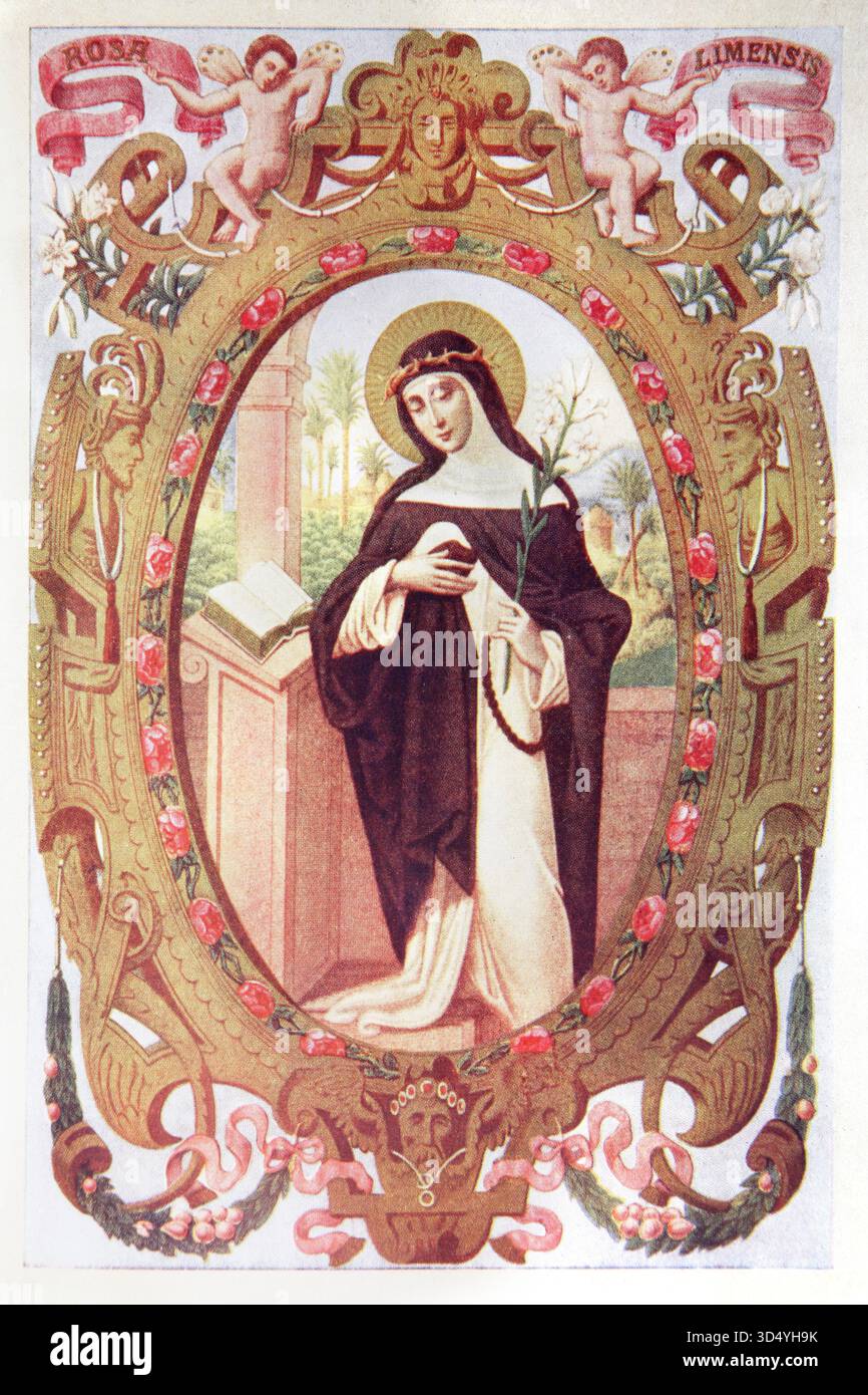 Illustration der Heiligen Rose von Lima mit einer Dornenkrone aus dem 19. Jahrhundert das Leben der Väter, Märtyrer und anderer Hauptheiligen von Rev Stockfoto