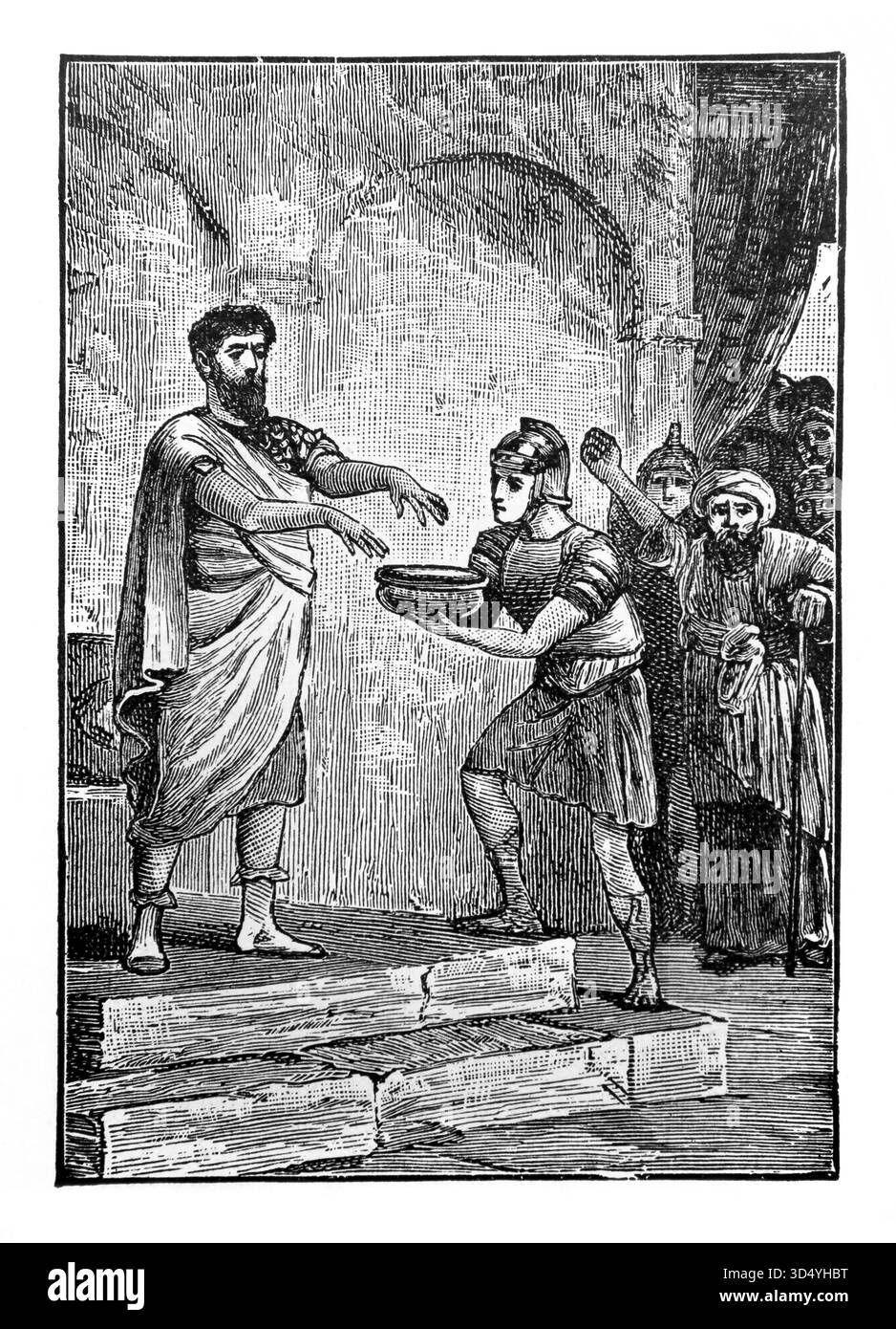 Illustration von Pontius Pilatus, der vor der Menge die Hände wäscht und sagt: "Ich bin unschuldig am Blut dieses gerechten Mannes" bei der Präsentation Stockfoto