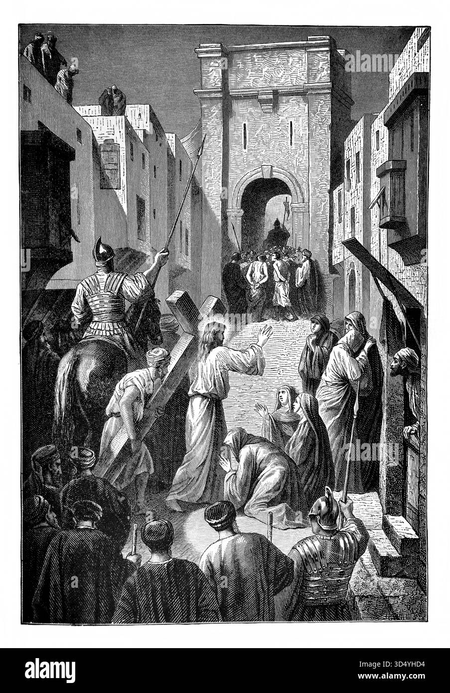 Illustration von Jesus Christus, der das Kreuz die Via Dolorosa hinunterträgt, auf seinem Weg zu seiner Kreuzigung aus der Ausgabe des Be von 1890 Stockfoto