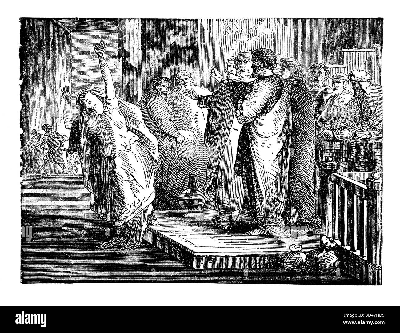 Illustration des Todes von Sapphira (Apostelgeschichte) nachdem ihr Ehemann Ananias Land verkaufte, um Geld an die Apostel zu geben, behielten sie einen Teil des Erlöses zurück Stockfoto