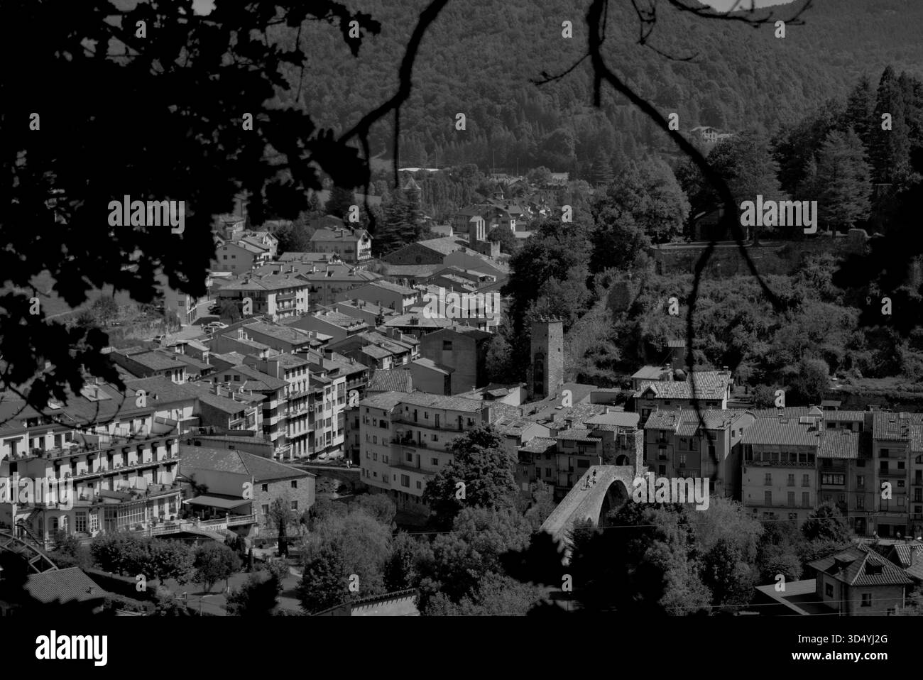 Szenisches Schwarzweißfoto des historischen Zentrums von Camprodon, eingerahmt von Laub und Schatten im Vordergrund. Das Bild enthält eine Detailansicht Stockfoto