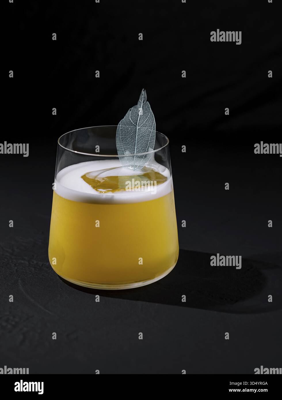 Essen, moderner Cocktail mit einer schaumigen Decke und einer zarten Blattgarnitur, präsentiert vor dunklem Hintergrund Stockfoto