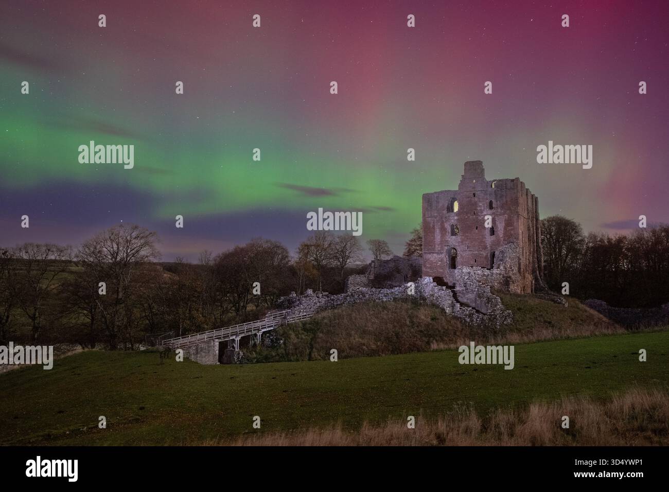 Die Nordlichter (Aurora Borealis) über den Ruinen von Norham Castle Stockfoto