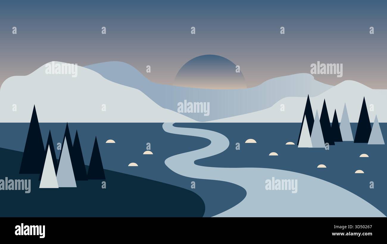 Winterlandschaft mit Bergen und Fluss Stock Vektor