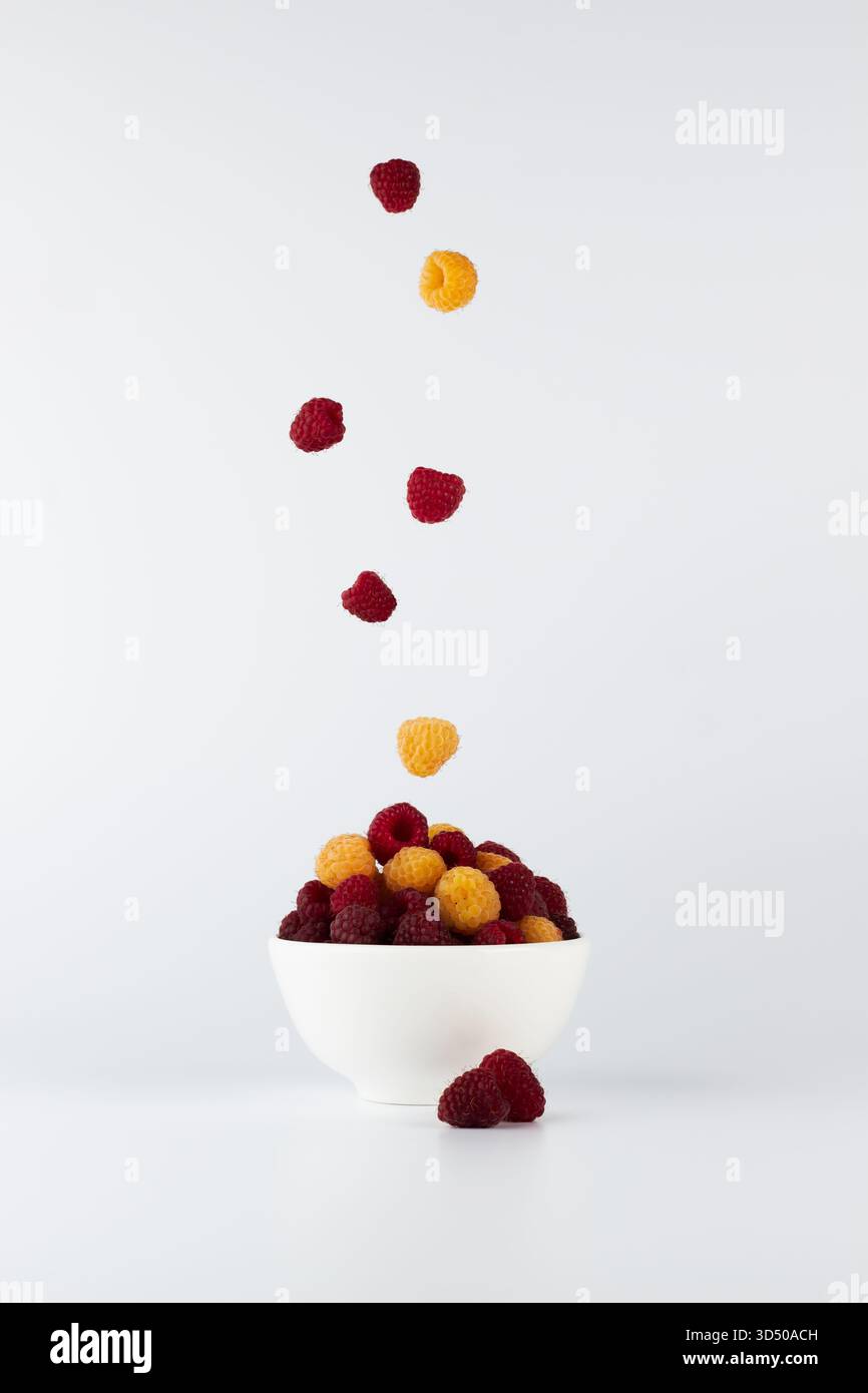 Himbeeren und gelbe Früchte schweben über einer Schüssel mit bunten Beeren. Die hellen Früchte stehen im Kontrast zum schlichten Hintergrund und schaffen eine Kunst Stockfoto