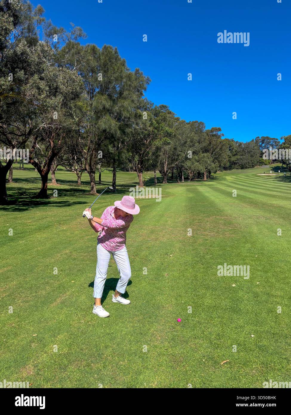 Amateur-weibliches Golfspielermodell freigelassen und nicht posiert auf dem Fairway Swings Hybrid Club bei einem rosa Ball, Sydney, NSW, Australien - Smartphone-aufgenommenes Stockfoto