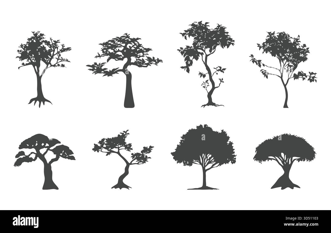 Eine Reihe von schwarzen Baumsilhouetten, Baum-svg, Baum-Silhouette-Set, Wald-Baum-svg, Baum-Vektoren, immergrüne Baumsilhouette. Stock Vektor