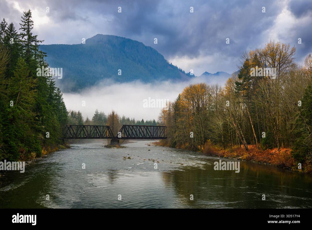 Der von Bäumen gesäumte Pacific Northwest River im späten Herbst unter dem stimmungsvollen Himmel mit der Eisenbahnbrücke Stockfoto