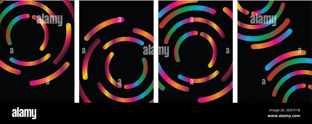 Dynamische abstrakte Verlaufslinienmuster auf schwarzem Hintergrund: Vektor-Kreisform-Farbe geometrische Grafiken mit Regenbogenwellen und kreisförmigem Design Eleme Stock Vektor