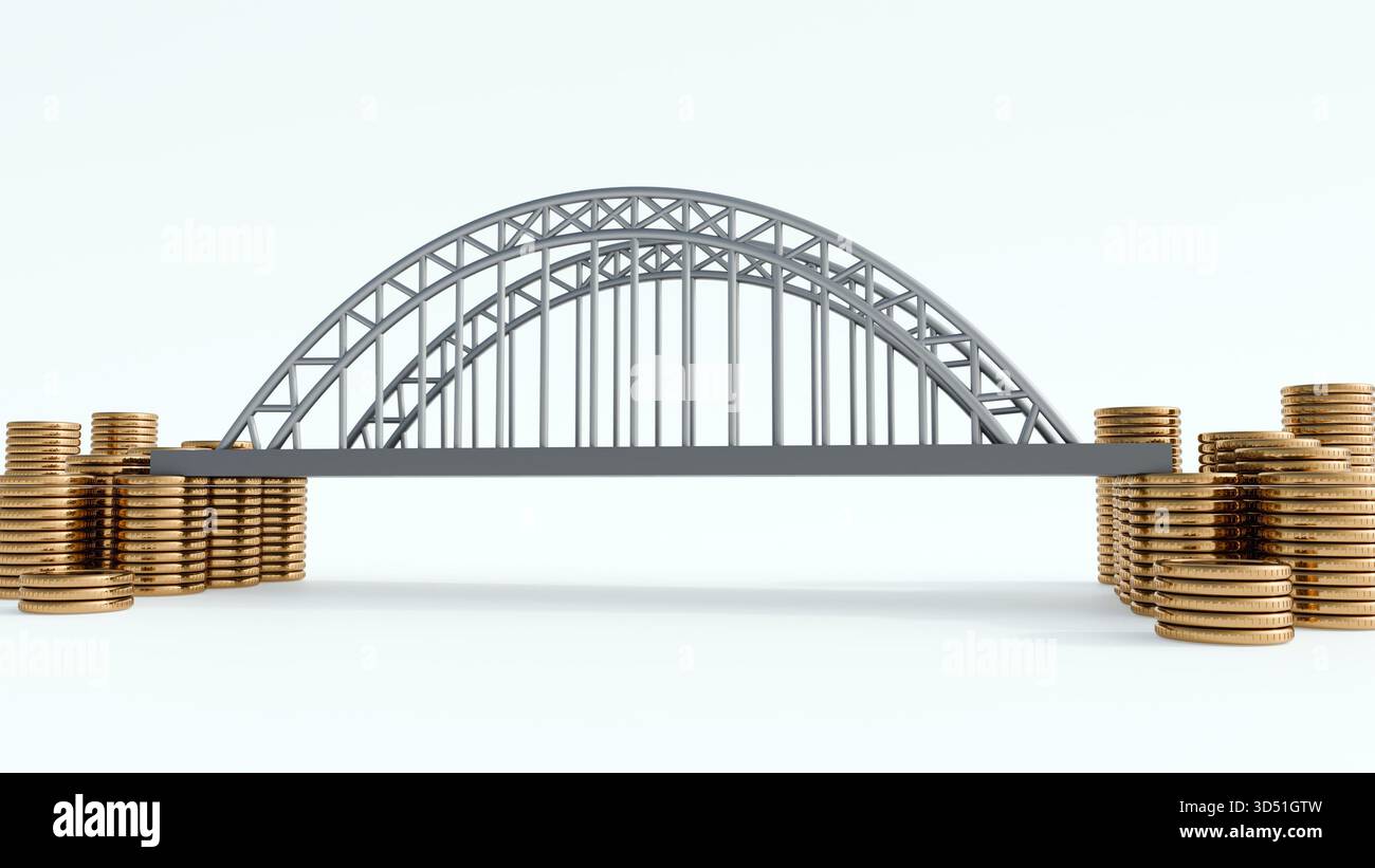 3D-Rendering einer Stahlfachwerkbrücke, die von großen Goldmünzhaufen gestützt wird, als Symbol für Finanzierung oder finanzielle Sicherheit Stockfoto