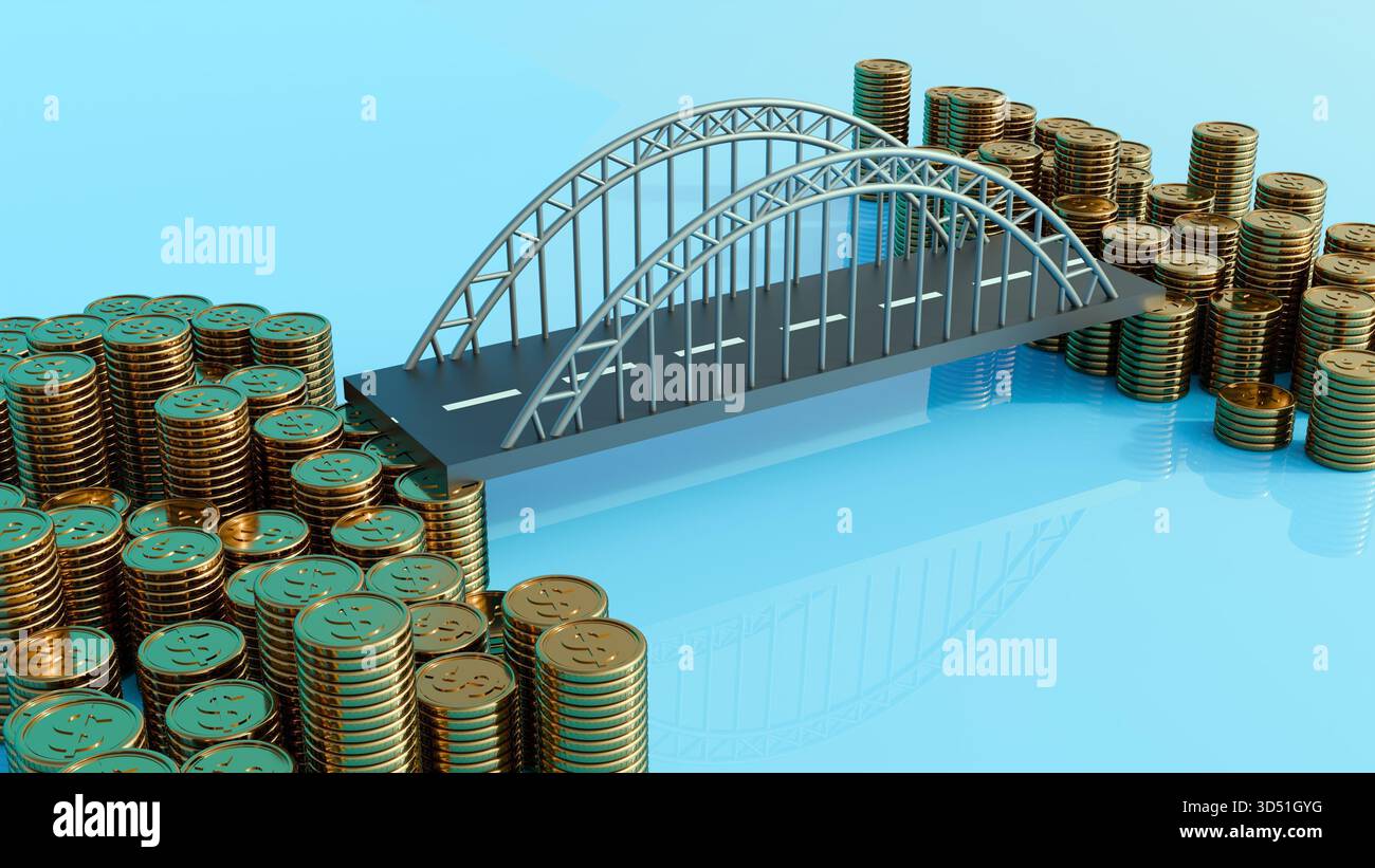 3D-Rendering einer Stahlfachwerkbrücke, die von großen Goldmünzhaufen gestützt wird, als Symbol für Finanzierung oder finanzielle Sicherheit Stockfoto