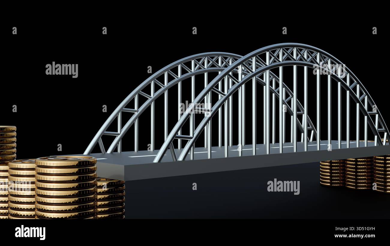 3D-Rendering einer Stahlfachwerkbrücke, die von großen Goldmünzhaufen gestützt wird, als Symbol für Finanzierung oder finanzielle Sicherheit Stockfoto