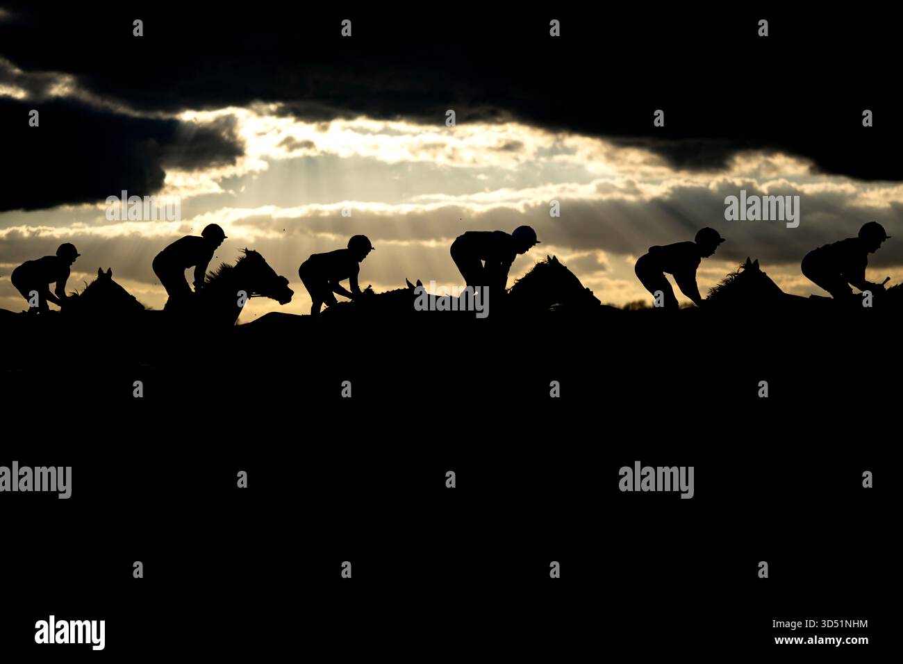 Allwetterrennen auf der Rennbahn Lingfield Park – Sonnenuntergang und Wolken sorgen für eine einzigartige Silhouette Stockfoto