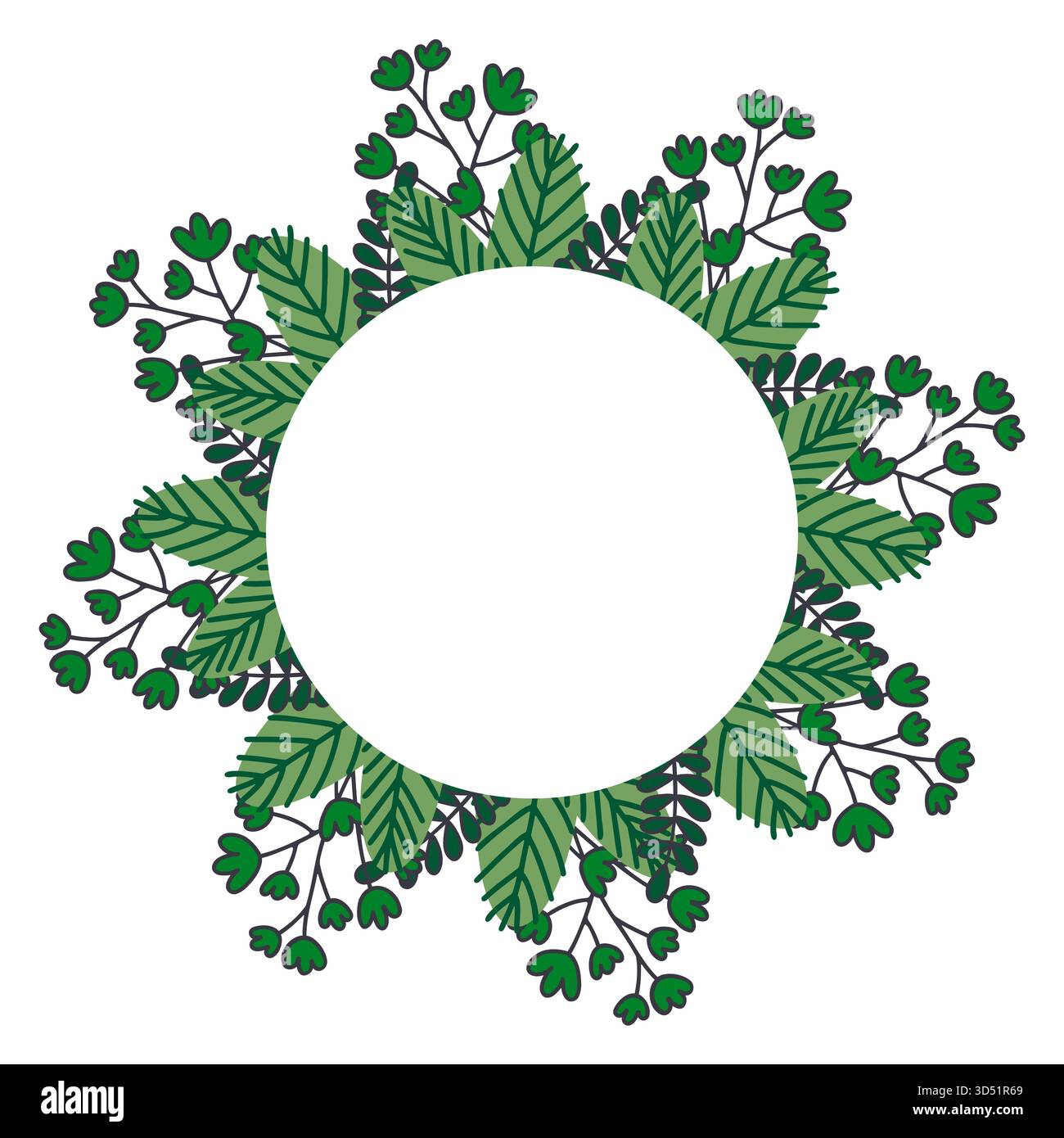 Ein wunderschöner kreisförmiger Rahmen mit üppig grünem Pflanzenlaub und stilisierten Beeren, der einen natürlichen Bio-Kranzeffekt erzeugt. Dieses vielseitige Design Stock Vektor