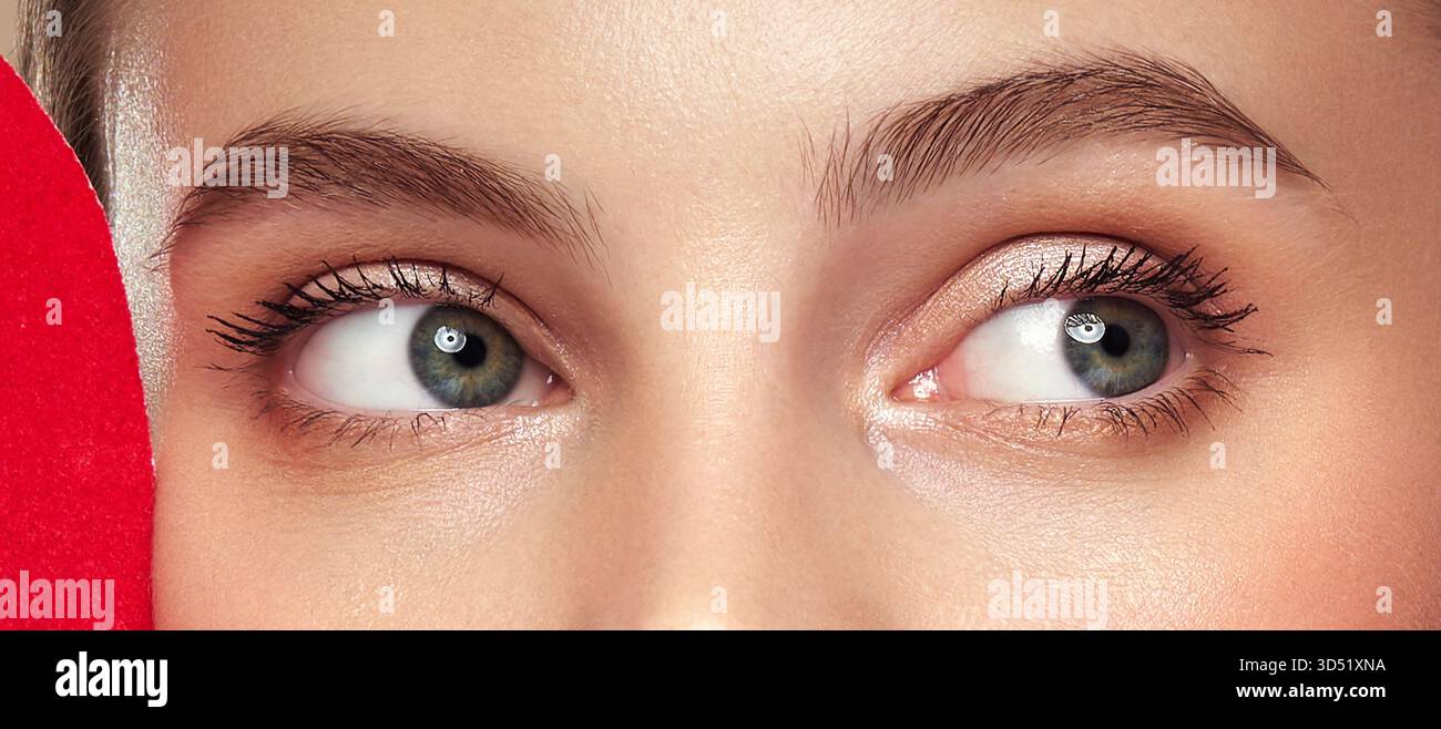 Schöne weibliche Augen mit langen Wimpern. Wimpernverlängerungen. Make-up, Kosmetik, Schönheit. Nahaufnahme, Makro Stockfoto