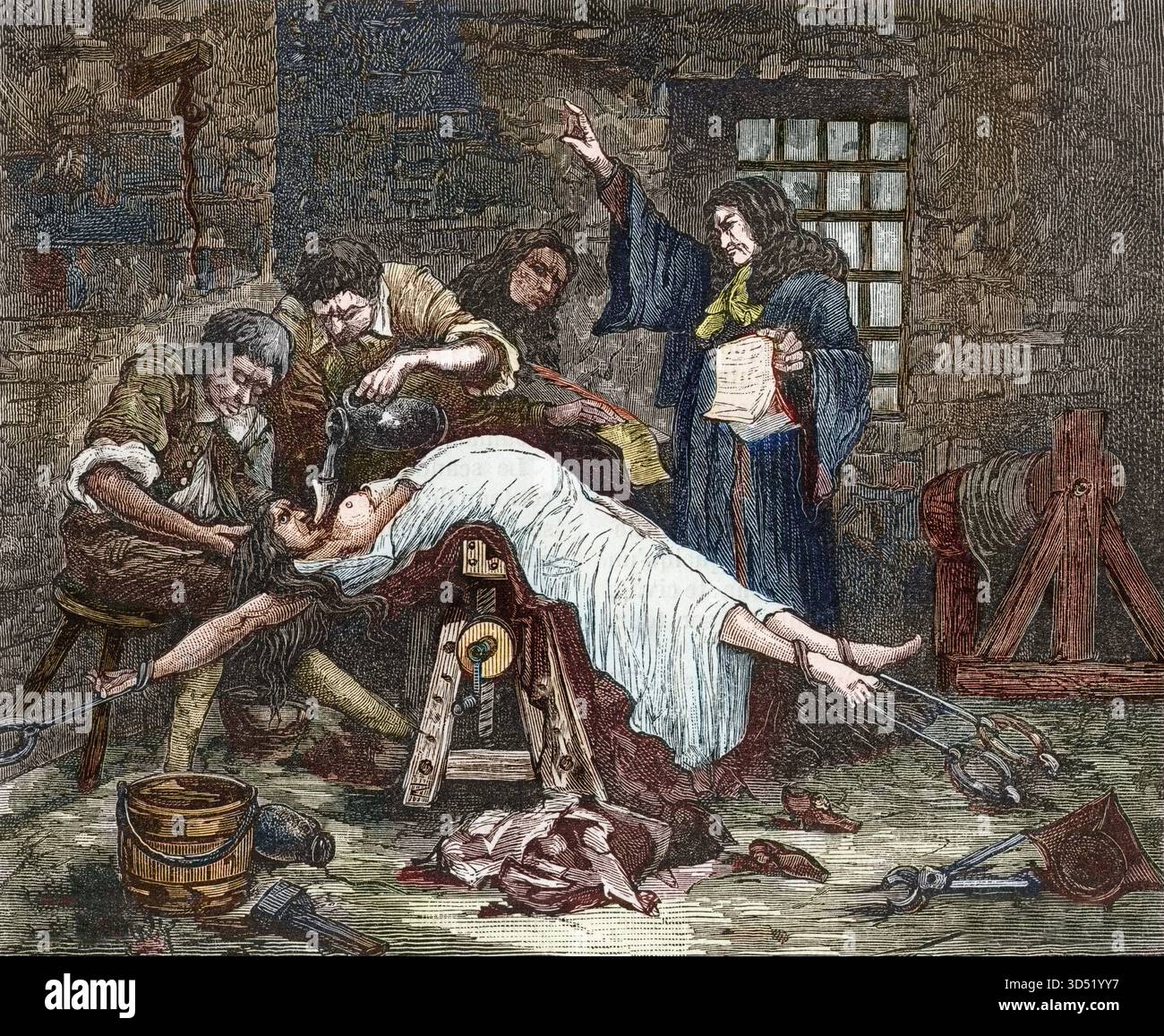 Affäre der Gifte, Marie-Madeleine d'Aubray, Marquise de Brinvilliers (1630–1676) im Verhörraum - die Marquise wurde vor ihrer Enthauptung mit dem Wasserkur gefoltert - Stockfoto