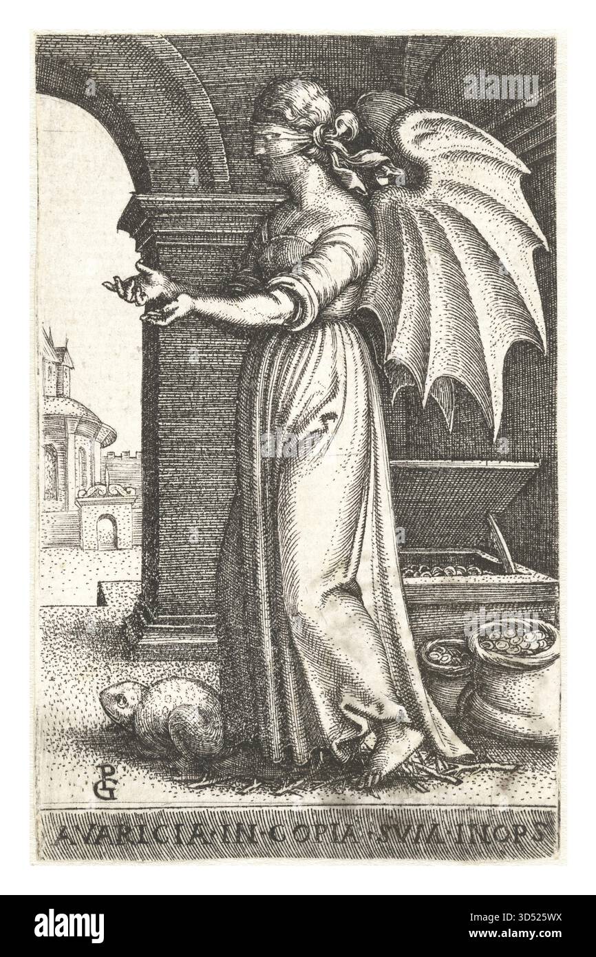 Gier. Sieben tödliche Sünden von Georg Pencz, ein moralischer allegorischer Stich aus dem 16. Jahrhundert, der Laster durch symbolische Renaissancefiguren darstellt. Stockfoto