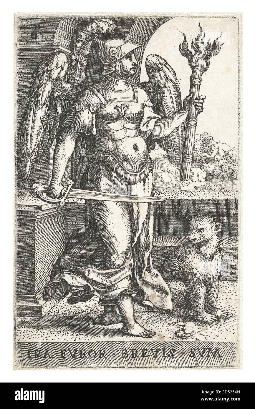 Zorn. Sieben tödliche Sünden von Georg Pencz, ein moralischer allegorischer Stich aus dem 16. Jahrhundert, der Laster durch symbolische Renaissancefiguren darstellt. Stockfoto