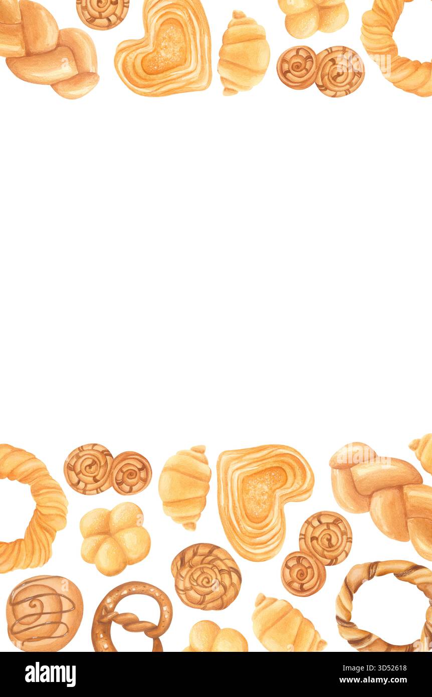 Aquarellrand mit süßem Gebäck, Croissants, Brötchen, Bagels und Brezeln isoliert auf weiß. Lebensmittelillustration von Backwaren für Bäckereidesigns. Stockfoto