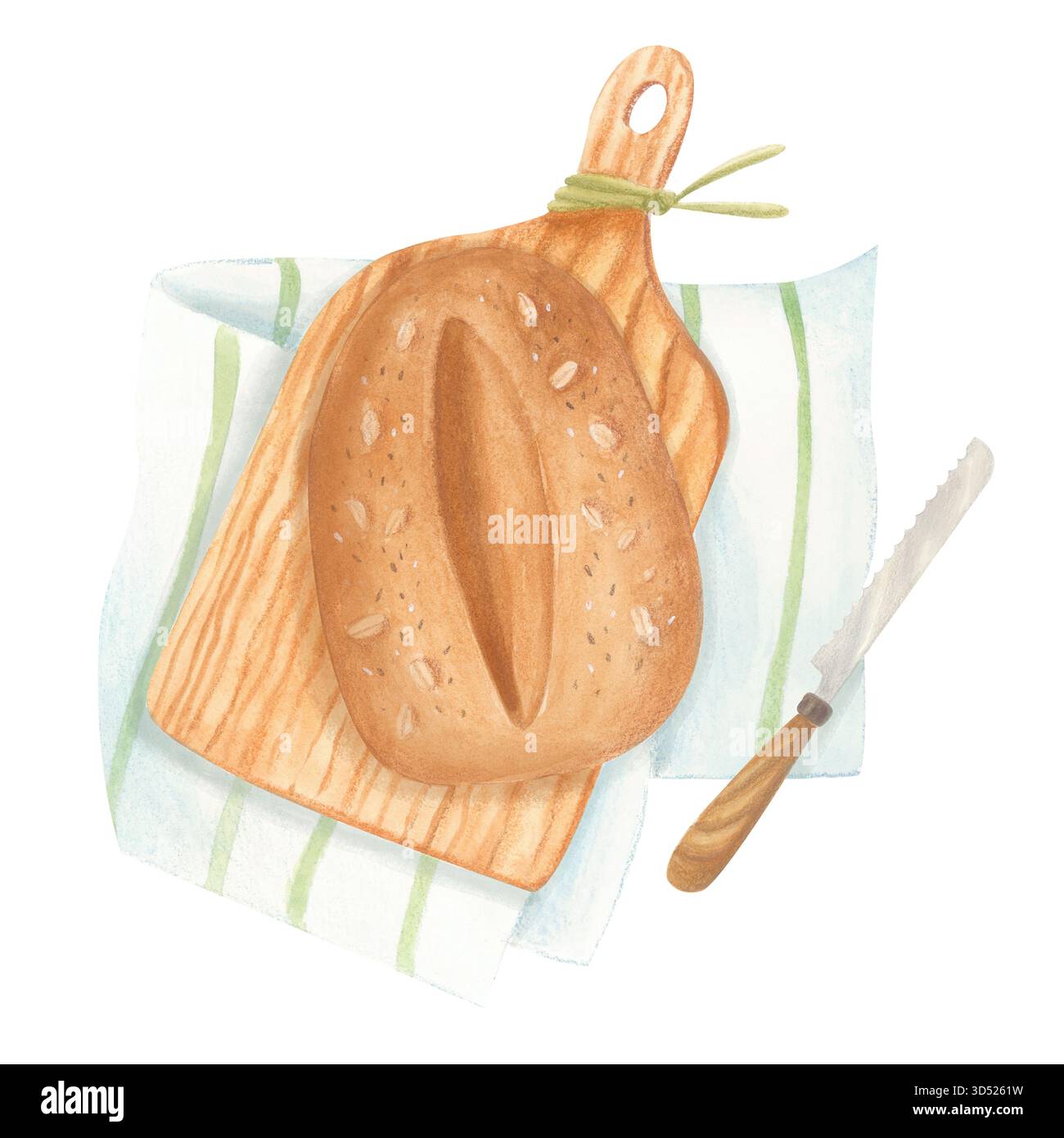 Aquarell-Lebensmittelillustration von Brot des rustikalen Brotes auf hölzernem Schneidebrett, mit Küchentuch und Brotmesser isoliert auf weiß für Bäckerei Designs. Stockfoto