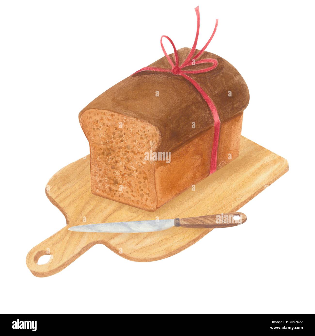 Aquarell-Lebensmittelillustration von Roggenbrot gebunden mit rotem Band, auf hölzernem Schneidebrett mit Messer isoliert auf weiß für Bäckerei Designs Stockfoto