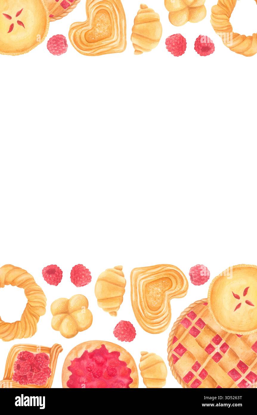 Aquarellfarbe Himbeergebäck-Rand Illustration isoliert auf weiß Stockfoto
