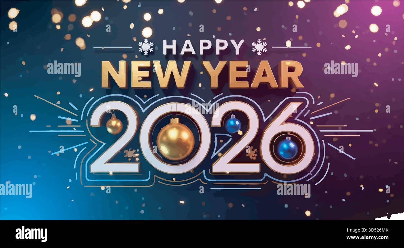 Festliches Happy New Year 2026 Bannerdesign mit goldenem Konfetti und leuchtendem Hintergrund Stock Vektor