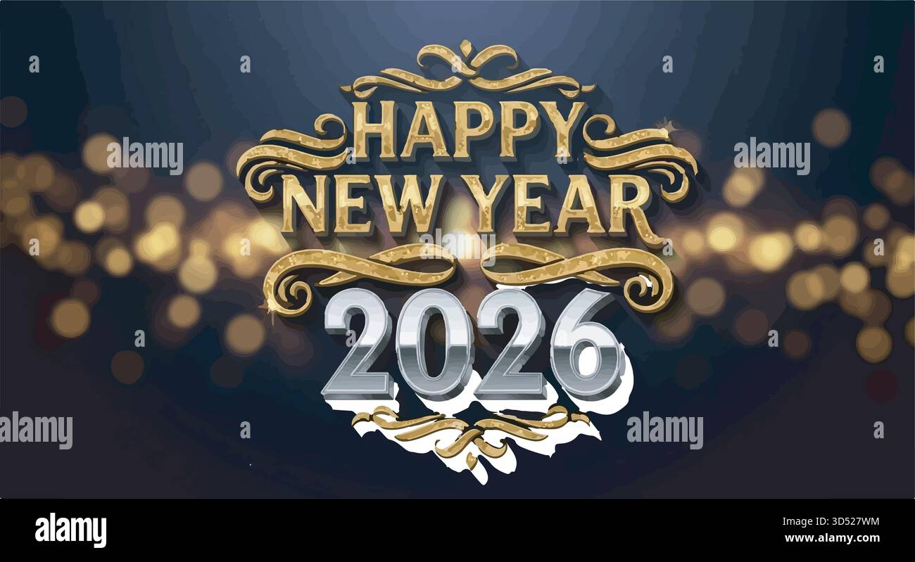 Festliches Happy New Year 2026 Bannerdesign mit goldenem Konfetti und leuchtendem Hintergrund Stock Vektor